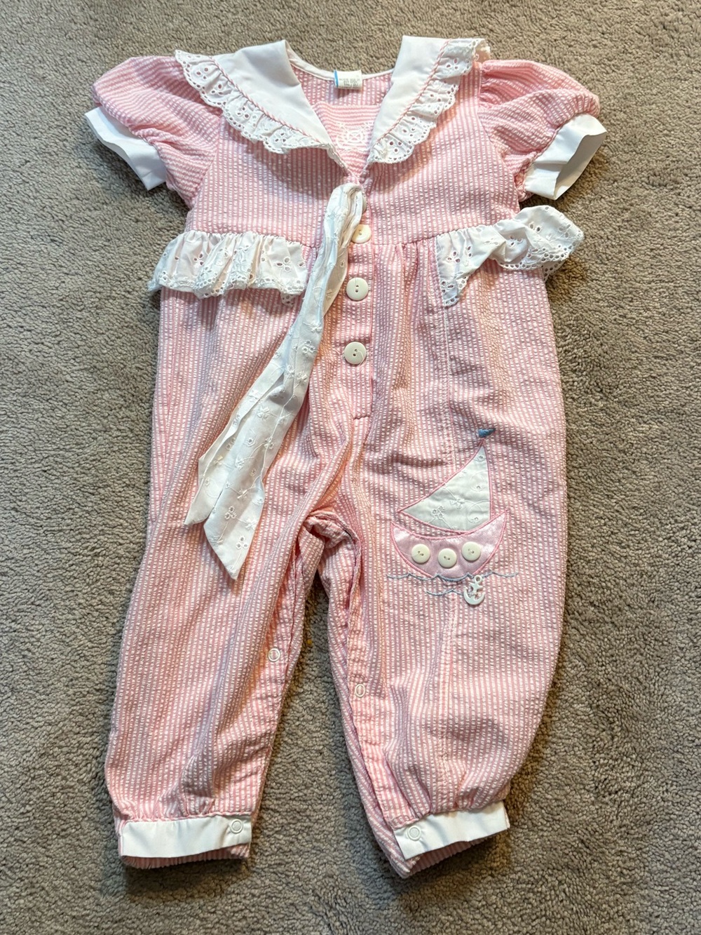 Vintage 90’s Pink and White Nautical, Coastal Baby One-piece size 24M